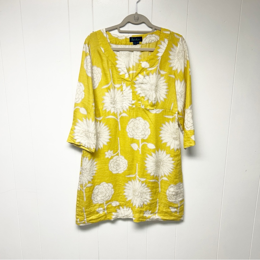 Boden Yellow Floral Long Sleeve V Neck 100% Linen Dress 14